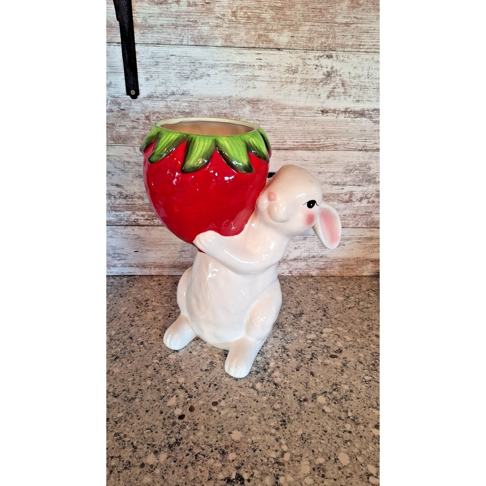 Easter Bunny Figurine With Strawberry Planter – 14" Tall Spring Decor‎ Rabbit